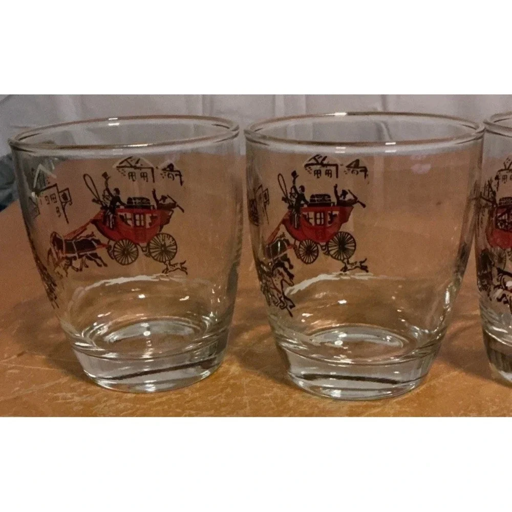 Vintage‎ 1950s Libbey Stagecoach & Horses Low Ball Glasses, Set Of 4, Gold Rim